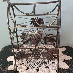 Silver Metal 2 Bottle Tabletop Wine Rack with Grapes & Leaves and Handle